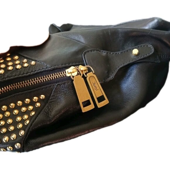 Yves Saint Laurent Y Studs Black Leather Satchel Tote Bag Gold Studded Vintage - Picture 7 of 10